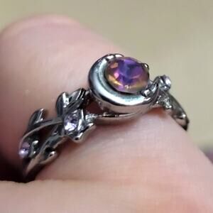 Size 8 crescent moon and purple crystal floral ring